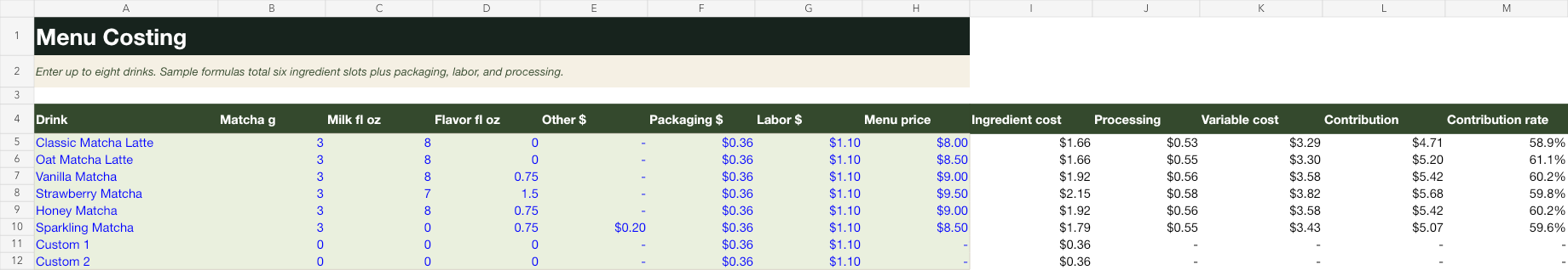 Menu Costing worksheet with editable recipe and cost fields